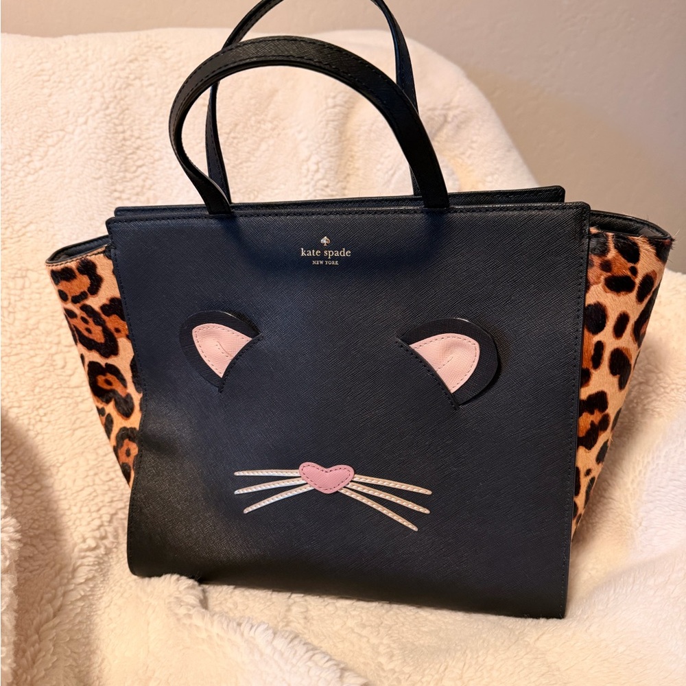 Kate Spade Black and Pink Cat Tote with Leopard Sides